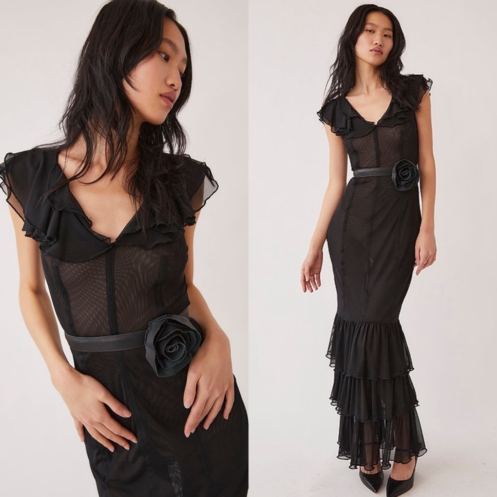 NWT TACH Handmade Sheer‎ Tulle V-Neck Short Sleeve Tiered Ruffle Hem Maxi Gown S - Picture 2 of 12